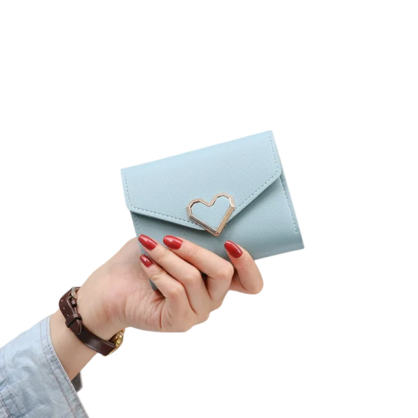 Portefeuille mini femme avec cœur 11x9x1,5 cm élégant et pratique avec 7 emplacements pour cartes, une pochette transparente pour photos et un espace pour billets bleu