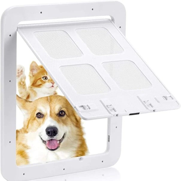 Portinhola para cães e gatos 29 x 24 cm com fecho magnético e quatro fechos deslizantes branco