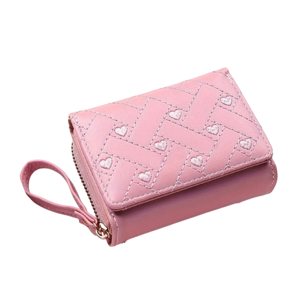 Portofel de dama cu inimioare, elegant, practic si compact cu spatiu pentru 8 carduri, un compartiment pentru bancnote si un compartiment dublu pentru monede cu fermoar roz