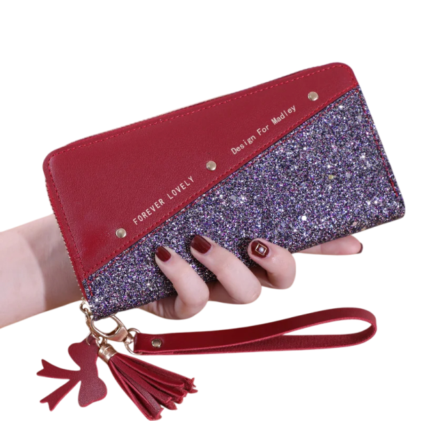 Portofel de dama din piele cu model paiete, ciucuri norocos, fundita pe fermoar, 19x9x2,5 cm, sloturi pentru carduri, buzunar pentru monede, inchidere sigura roșu