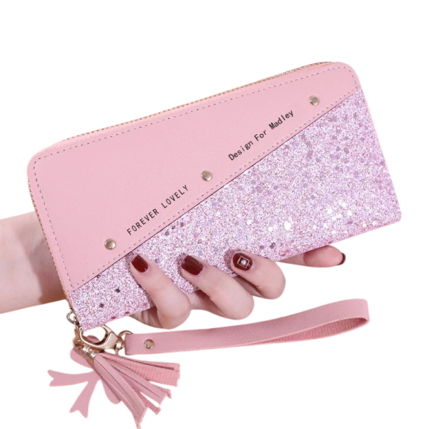 Portofel de dama din piele cu model paiete, ciucuri norocos, fundita pe fermoar, 19x9x2,5 cm, sloturi pentru carduri, buzunar pentru monede, inchidere sigura roz