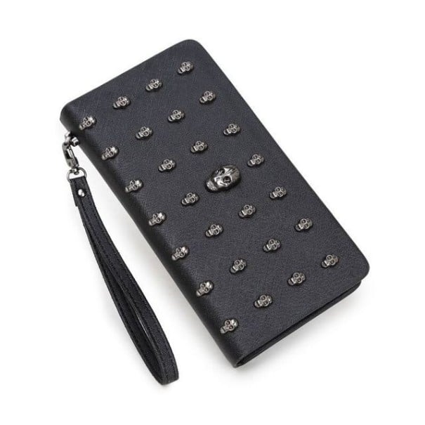 Portofel lung pentru femei cu cranii metalice Mânere pentru încheietura mâinii Portofel negru din piele PU și poliester Dimensiuni 19 x 9 x 2,5 cm 1