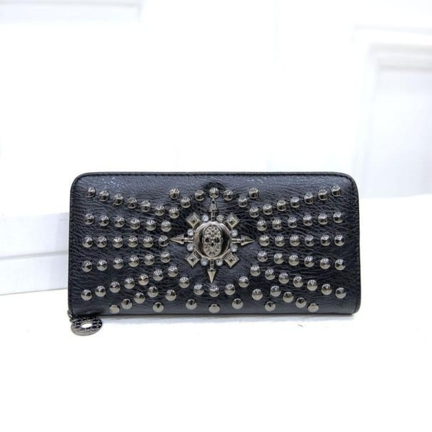 Portofel lung pentru femei cu ținte metalice și craniu decorativ Portofel din piele PU și poliester Dimensiuni 21 x 10 x 3 cm negru