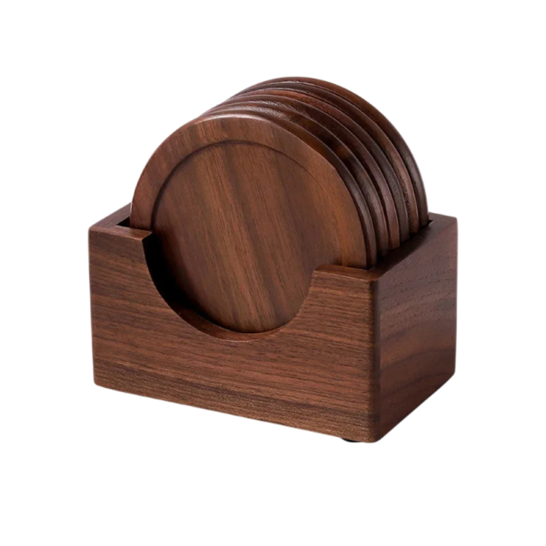 Posavasos de madera con soporte, almohadillas térmicamente resistentes para tazas, dimensiones 10,6 × 6,7 × 5,6 cm, madera maciza de nogal y haya marrón