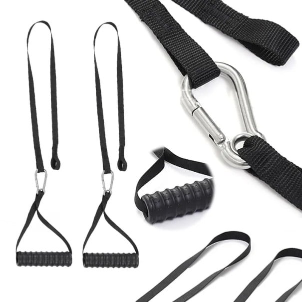 Posilovací tyč s madly na kladku 55 cm + 2x extension popruhy 60,5 cm, lat pulldown nástavec s pěnovými úchyty pro silový trénink 1