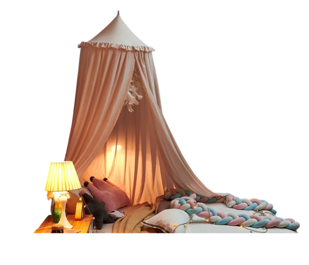 Postelový baldachýn závěsná síť nad postel výška 2,75 m průměr 65 cm polyester bavlna pro ložnici dětský pokoj růžová