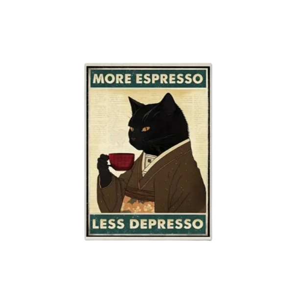Poster 30x40 cm Pisică neagră cu espresso Mai mult espresso Mai puțin depresso Artă retro în stil japonez Decor de bucătărie sau cafenea 1