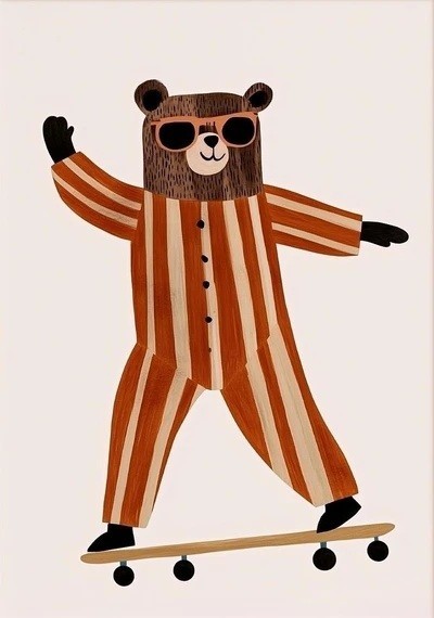 Poster da parete 40 x 60 cm Orso in pigiama su skateboard con occhiali da sole Stampa su tela Senza cornice Decorazione da parete per bambini 1