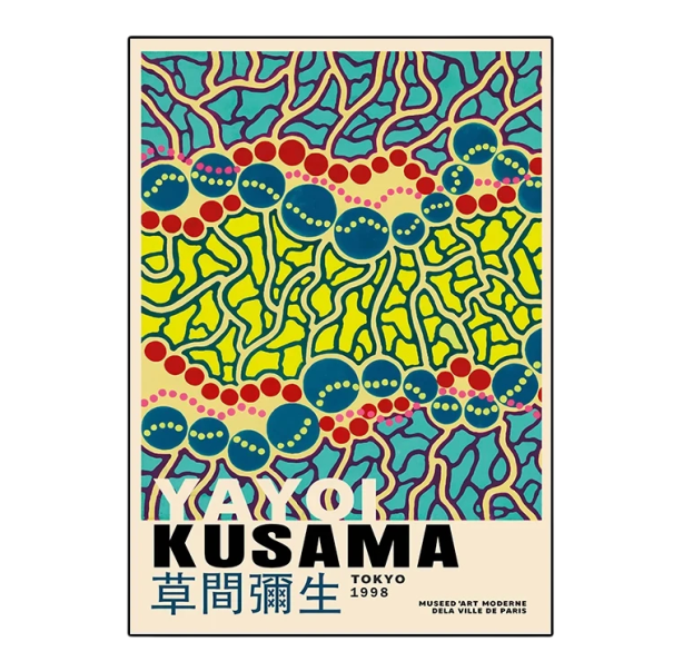 Poster da parete motivi astratti organici stile Yayoi Kusama 40 x 60 cm stampa su tela verde giallo blu rosso decorazione 1