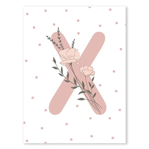 Póster de lienzo 40 x 50 cm Letra "X" rosa floral Imagen minimalista sin marco Decoración de pared para habitación de niña 1