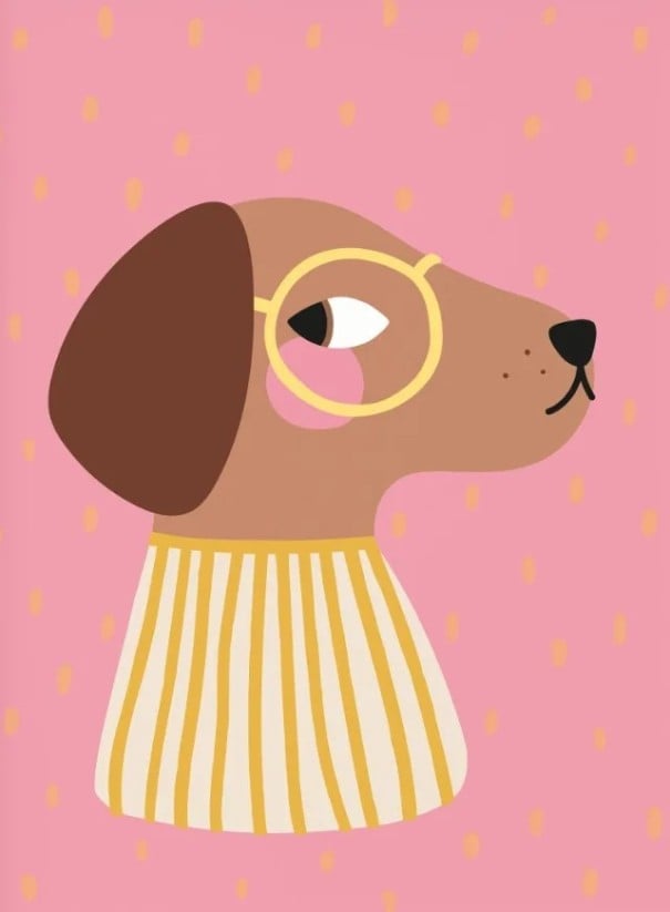 Póster de pared con ilustración de perro con gafas 40x60 cm lienzo sin marco marrón rosa amarillo decoración para habitación infantil 1