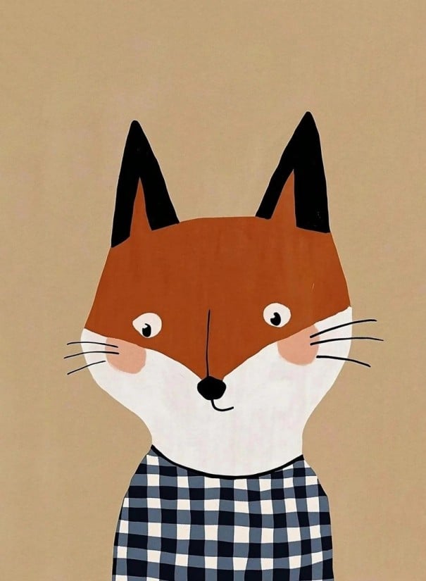 Póster de pared con ilustración de un zorro con ropa a cuadros 40x60 cm lienzo sin marco naranja beige decoración de pared para la habitación infantil 1