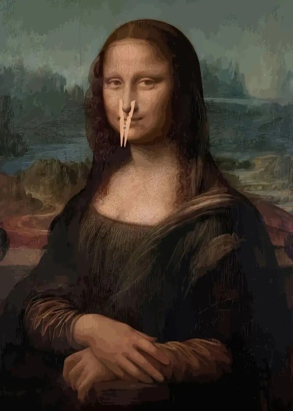Póster de pared de la Mona Lisa con pinza en la nariz 30 x 40 cm Imagen humorística para el baño Lienzo de algodón sin marco Decoración paródica 1
