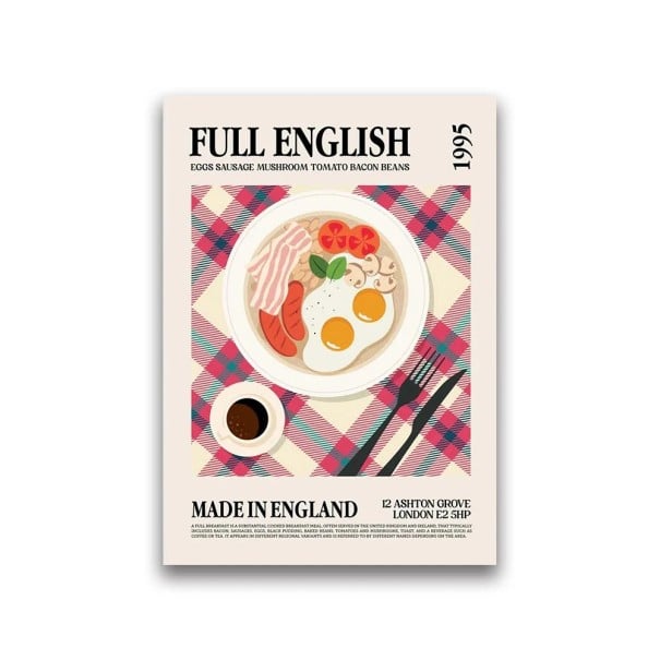 Póster de parede 50 x 70 cm Cozinha Mundial Pequeno-almoço Inglês Imagem com comida Impressão em tela Sem moldura Decoração para cozinha restaurante 1