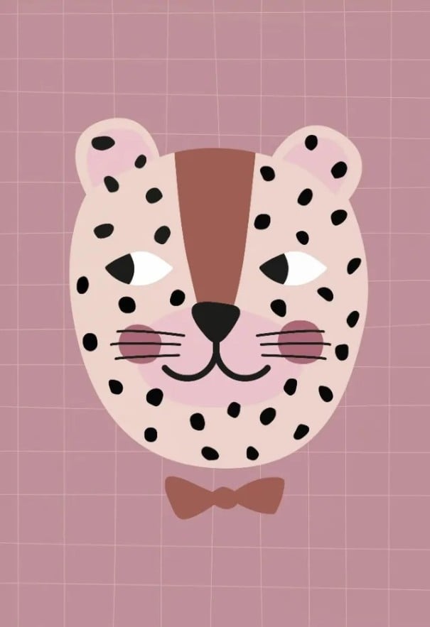 Póster de parede com pintura de cabeça de leopardo com pintas 20x30 cm tela sem moldura em tons de rosa, bege e castanho decoração 1