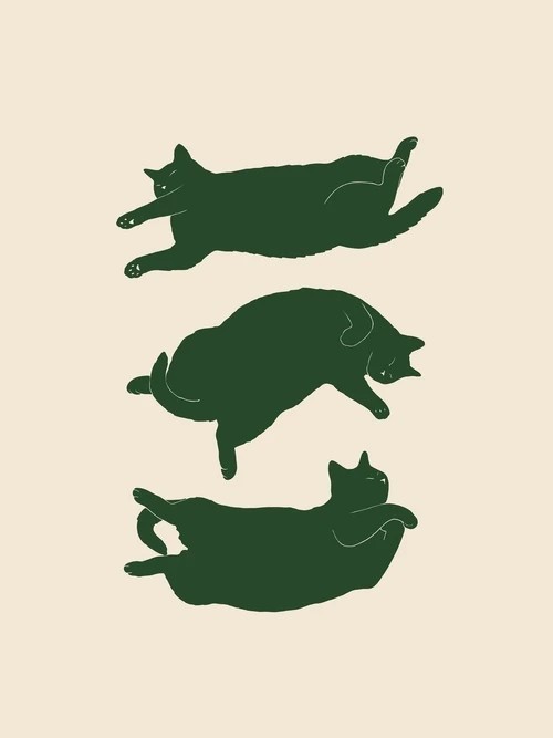 Póster de parede com silhuetas de gatos deitados 40x60 cm tela sem moldura verde escuro em fundo bege decoração minimalista 1