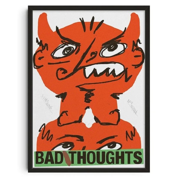 Poster decorativo con diavolo disegnato Bad Thoughts 30 x 42 cm stampa su tela motivo rosso con testo verde decorazione da parete senza cornice 1