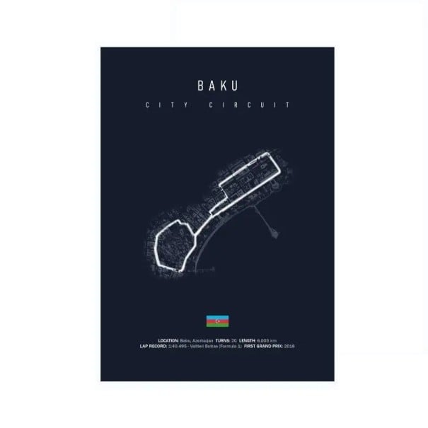 Póster del circuito de Bakú, 30 x 40 cm, lienzo HD sin marco, decoración de pared, Fórmula 1, arte de carreras, diseño de interiores para sala 1