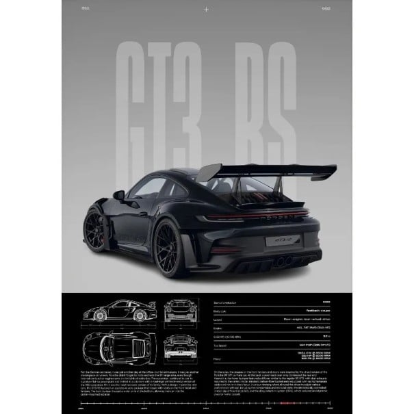 Poster GT3-RS sportiv luxos din spate 20 x 30 cm print pe pânză mașină neagră fără ramă decorare interioară 1