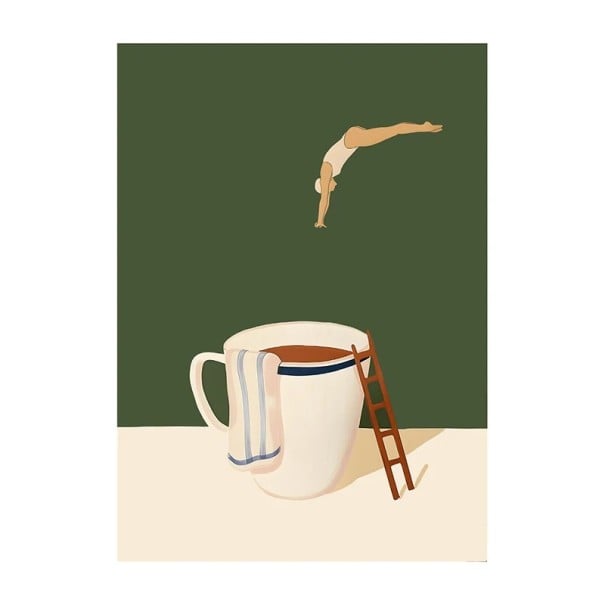 Póster ilustrado para pared salto en taza de café 40 × 50 cm impresión en lienzo póster suave fondo verde decoración para el hogar cafetería 1