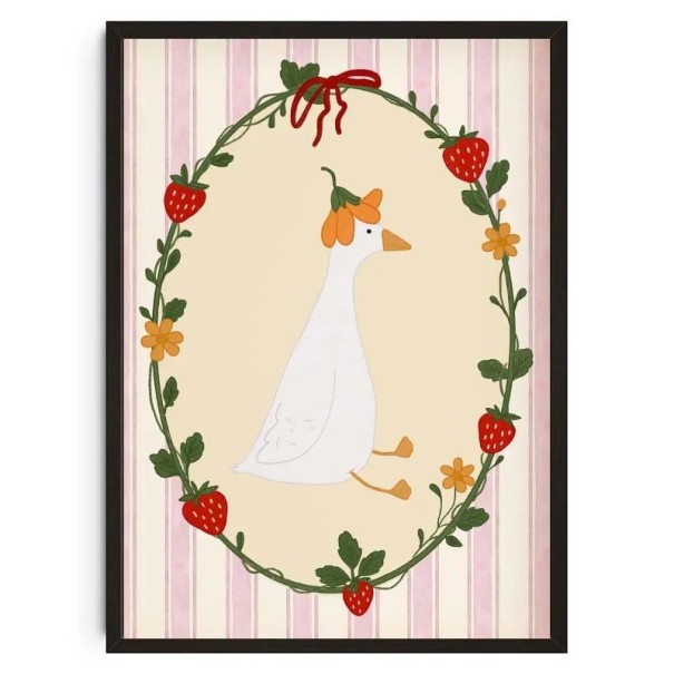 Póster infantil ilustrado ganso em coroa de flores com morangos 40 x 50 cm impressão em tela decoração de parede para quarto infantil sem moldura 1
