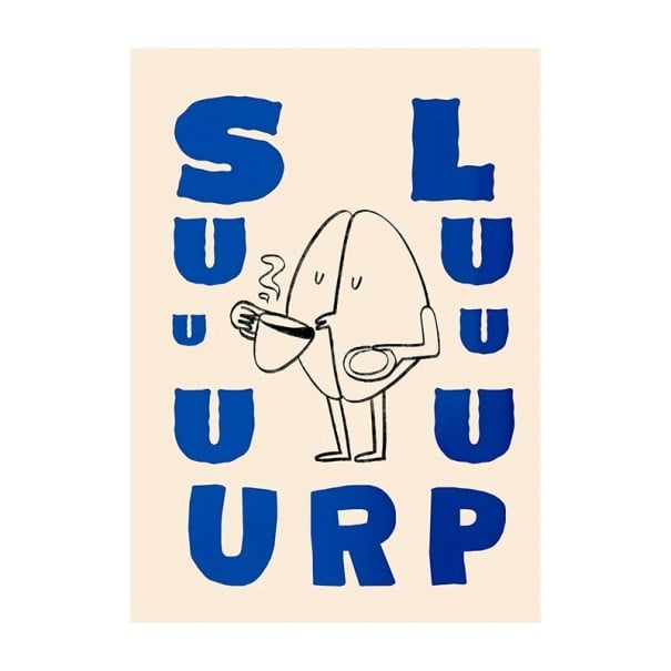 Poster modern pentru perete cu ilustrația unui bob de cafea și a unei cești 40 x 60 cm imprimat pe pânză bej albastru decor interior pentru apartament și cafenea fără ramă