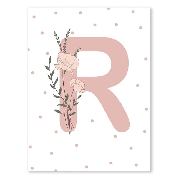 Poster pe perete 21 x 30 cm Litera rozie minimalistă „R” cu floare Plakat decorativ din pânză fără ramă Imagine pentru camera fetiței 1