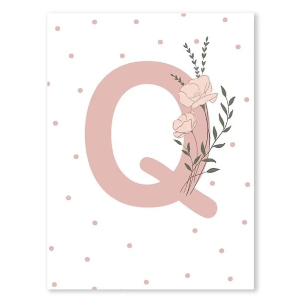 Poster pe perete 30 x 40 cm Pictogram minimalistic roz cu floare „Q” Poster din pânză fără ramă Decorațiune pentru camera fetelor 1