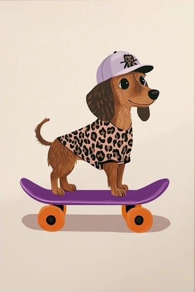 Poster pe perete 30 x 42 cm Câine Dachshund pe skateboard Ilustrație pe pânză Fără ramă Imagine pe verticală Decorațiune pentru camera copiilor 1
