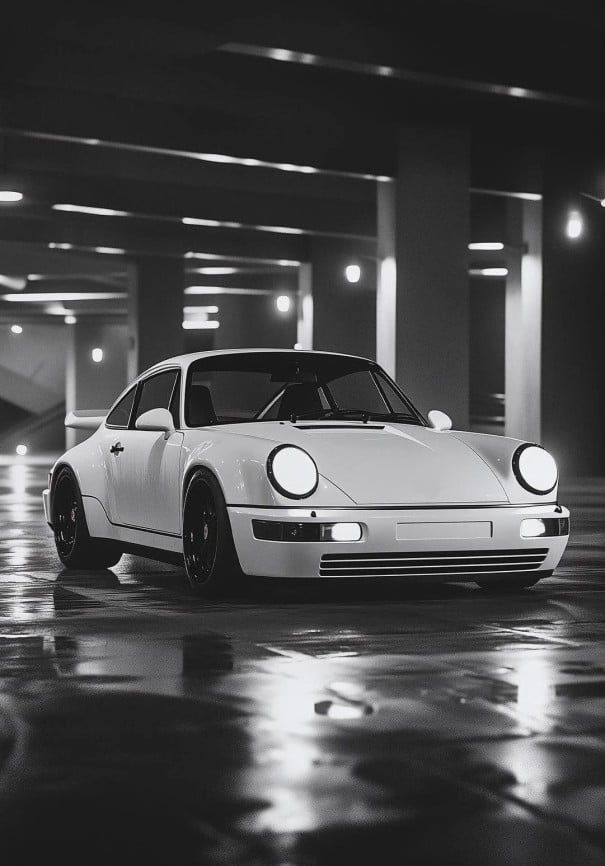 Poster pe perete 30 x 42 cm Imagine alb-negru Porsche 911 Mașină sport Decorare elegantă pentru cameră Tipar pe pânză Fără ramă 1