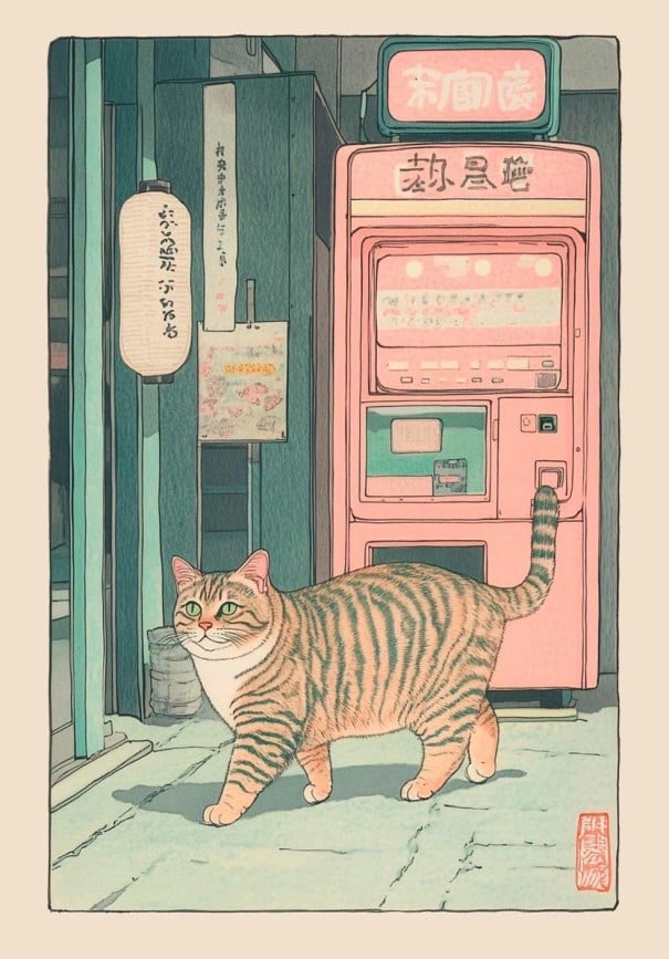 Poster pe perete 30 x 42 cm Pisică lângă automatul de vânzare Estetică japoneză Tipar pe pânză moale Fără ramă Decorație stilată 1