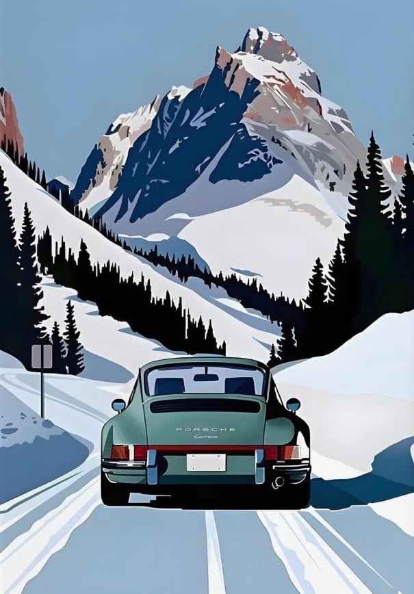 Poster pe perete 30 x 42 cm Porsche 911 Verde Peisaj de iarnă Mașină sport Decorațiune modernă pentru cameră Print pe pânză Fără ramă 1