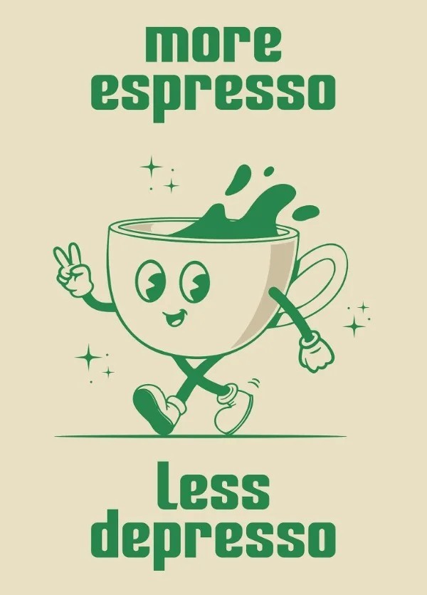 Poster retro 50 x 70 cm Più espresso meno depresso Tazza su piedini Quadro su tela di cotone Decorazione senza cornice per caffè verde