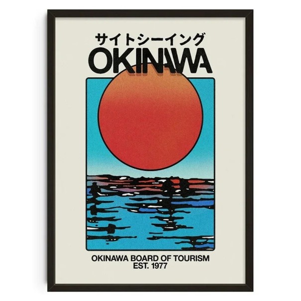 Poster retro japonez Okinawa 50x70 cm Apus de soare peste mare Grafică de călătorie Decorațiune vintage Dormitor Living fără ramă 1