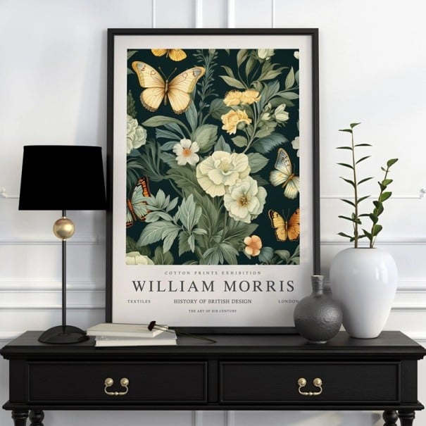 Poster William Morris botanisch motief met bloemen en vlinders 40x60 cm polyester doek kleurvol beeld voor de muur in het interieur 1