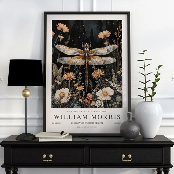Poster William Morris con libellula e motivo floreale 50x70 cm in tela di poliestere nero e beige decorazione per parete 1