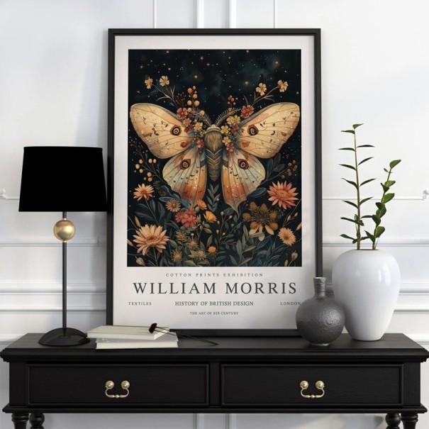 Póster William Morris con mariposa y motivo floral 20x30 cm lienzo de poliéster cuadro azul oscuro para pared de interior 1