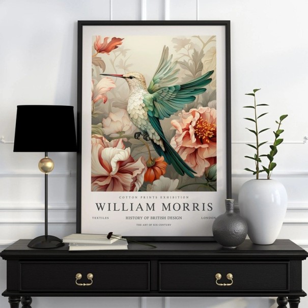 Póster William Morris motivo botânico com beija-flor e flores 40x60 cm tela de poliéster decoração clara para parede 1
