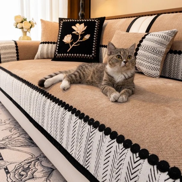 Potah na pohovku s kontrastním lemem Žinylkový kepr 90 x 240 cm Protiskluzový pro všechny roční období na gauč i sedačku do obývacího pokoje béžova