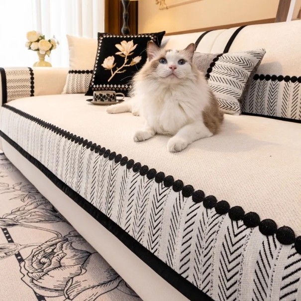 Potah na pohovku s kontrastným lemem Žinylkový kepr 110 x 240 cm Protiskluzový Na všetky ročné obdobia Vzor rybej kosti Do obývacej izby biela