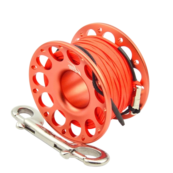 Potápačský naviják KEEP DIVING S dvojitým nerezovým háčikom 30 m šnúry 70 x 42 mm Hliník a polyester Pre potápanie v tme a jaskyniach oranžová