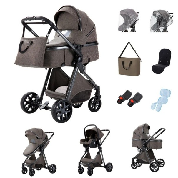 Poussette 3 en 1 avec nacelle et siège auto, structure pliable, coton, pour le transport quotidien de l'enfant marron