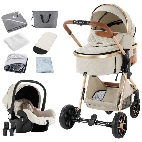 Poussette pour enfant 3 en 1 avec haute adaptation tout-terrain et pliage d'une seule main, coton, combinaison de la nacelle et du siège auto pour le voyage blanc
