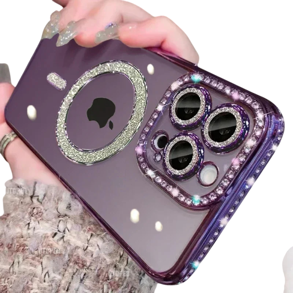 Pouzdro na iPhone 15 Třpytivé kamínky Luxusní kryt s podporou magnetického bezdrátového nabíjení Elegantní ochrana a moderní design fialová