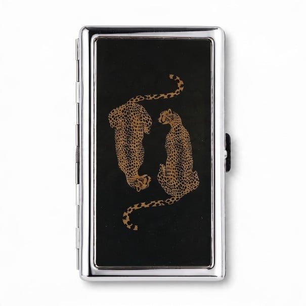 Pouzdro na karty Vintage styl 10 x 6 x 2 cm Kovové Stříbrné s černým víkem Motiv dvou gepardů Dvě přihrádky Na vizitky a karty 1