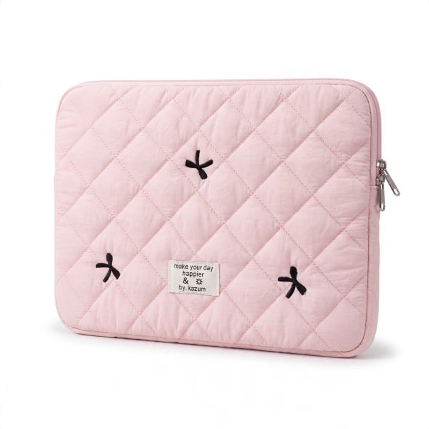 Pouzdro na tablet iPad 9,7 až 11 palců Prošívané s vyšívanými mašličkami 28 x 21 cm Plyšová podšívka Zapínání na zip růžová