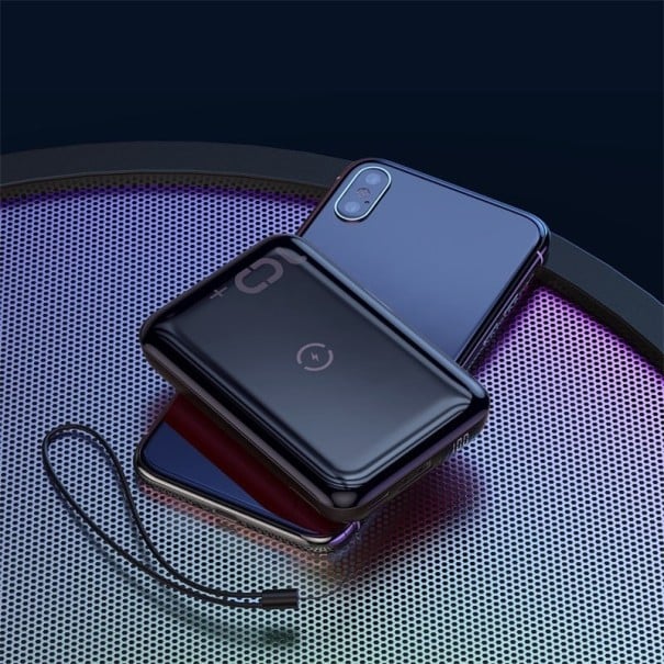 Powerbank 10000 mAh cu încărcare wireless pentru telefon 10 W Încărcare rapidă QC 3.0 până la 18 W Intrări USB-C și Micro USB 9,4 x 6,2 x 2,5 cm negru