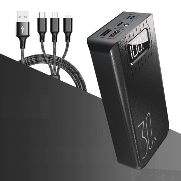 Powerbank mit Display und USB-Kabel 30000 mAh schwarz