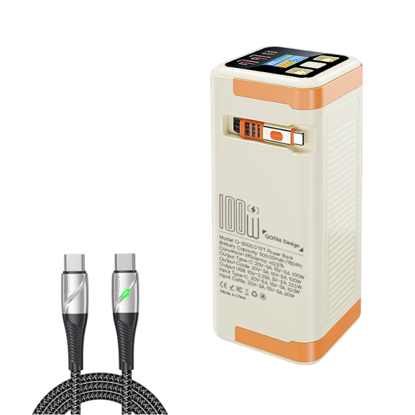 Powerbanka Rychlé nabíjení 100 W 50000 mAh Inteligentní TFT displej a vestavěné kabely Krémová Na cesty kempování i práci mimo zásuvku 1