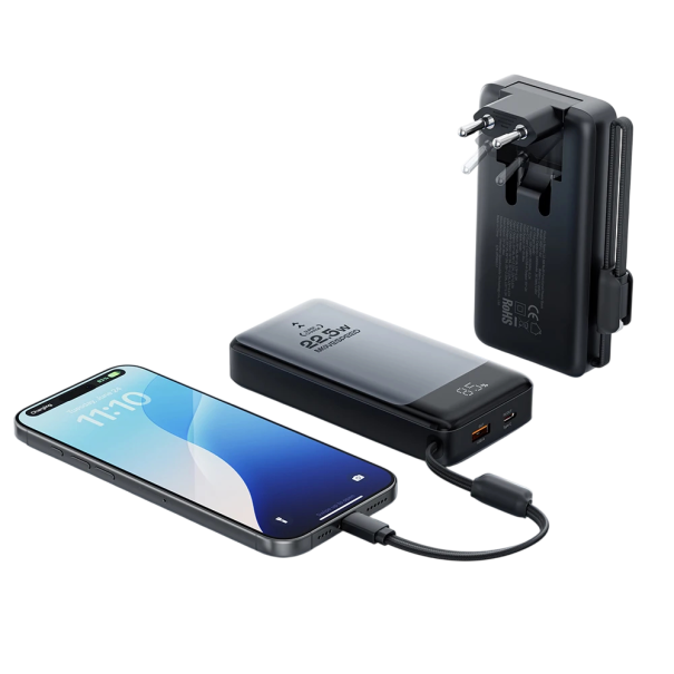 Powerbanka s nabíječkou 2v1 Skládací EU zástrčka 10000 mAh 22,5 W Vestavěný kabel USB-C Digitální displej Černá Pro telefon na cesty 1